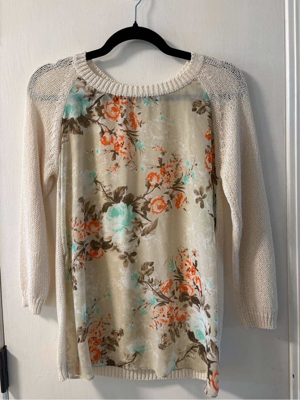 Zara Cream Floral Scoop Neck Sweater with Mint & Coral Accents